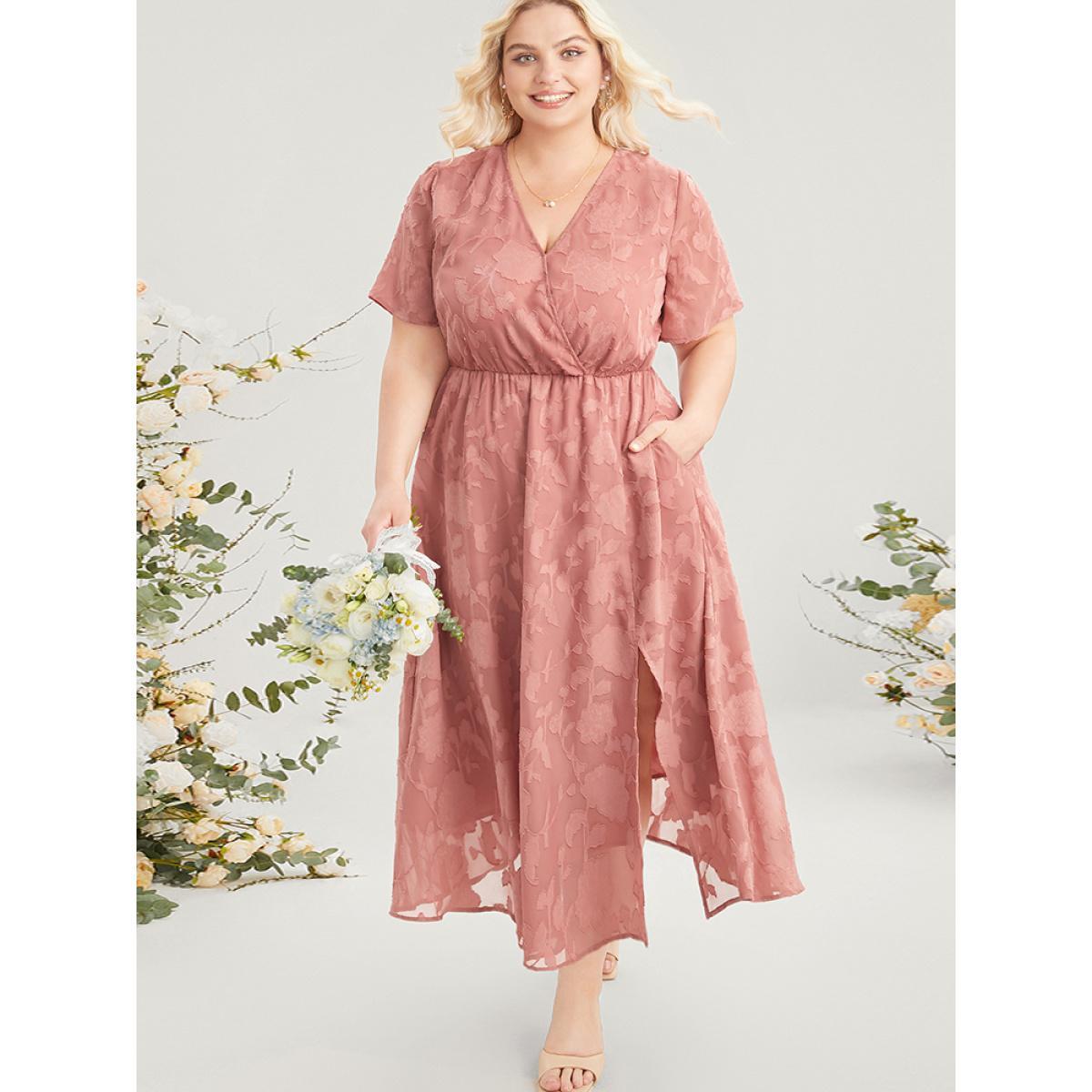 Plus Size Plain Surplice Neck Split Mesh Pocket Ruffles Dress Rouge Women Elegant See through Overlap Collar Short sleeve Curvy Long Dress BloomChic 10/M Product Image