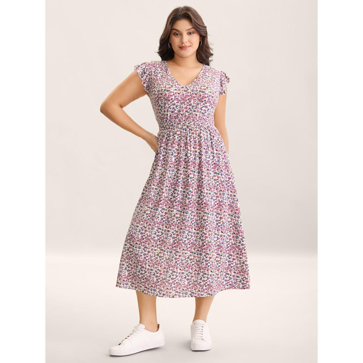 Plus Size Ditsy Floral Flutter Sleeve Pockets Midi Dress Blush Women V-neck Cap Sleeve Curvy BloomChic 22-24/3X Product Image
