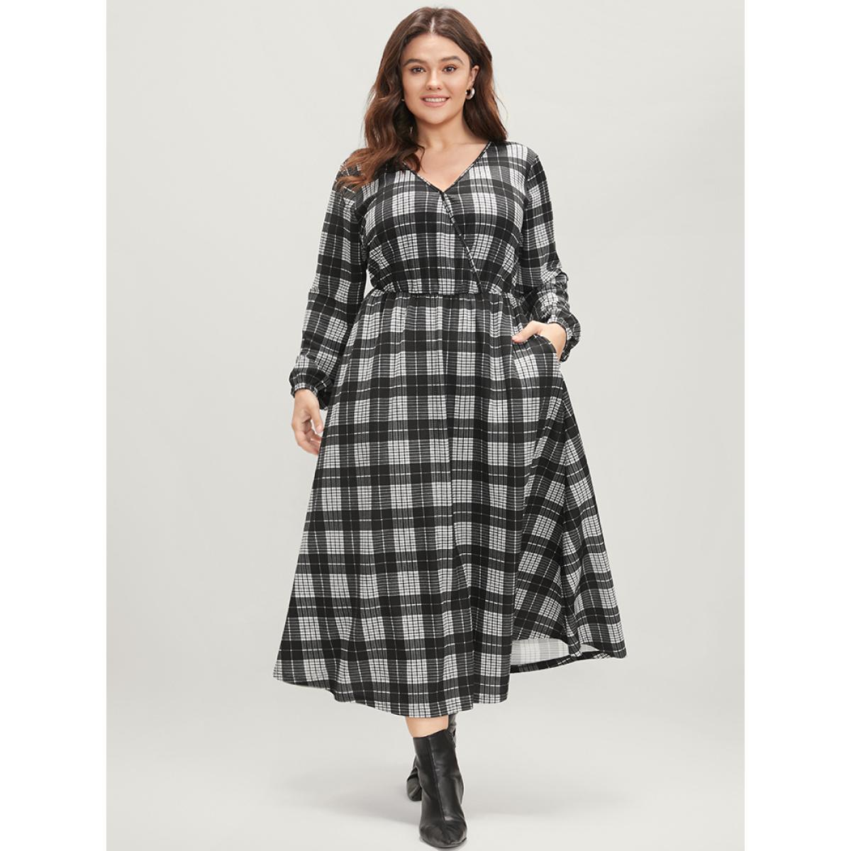 Plus Size Plaid Print Pocket Lantern Sleeve Surplice Neck Midi Dress Black Women Elegant Printed V-neck Long Sleeve Curvy Midi Dress BloomChic 22-24/3X Product Image