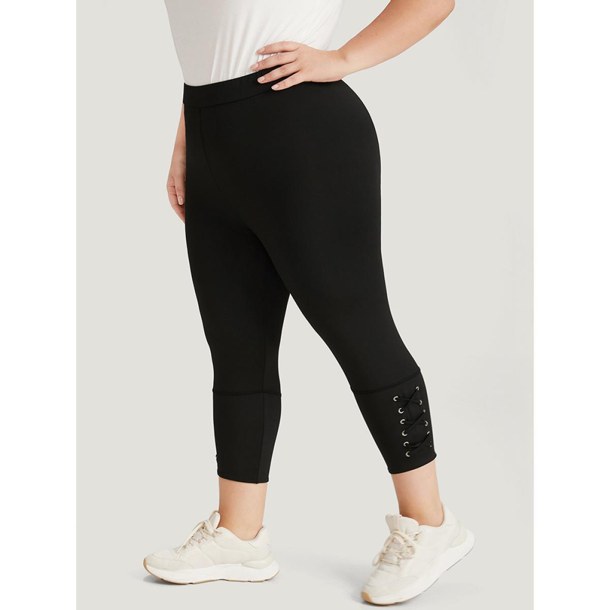 Plus Size Plain Crisscross Hem Elastic Waist Skinny Leggings Women Black Casual No stretch Skinny High Rise Dailywear Leggings BloomChic 18-20/2X Product Image