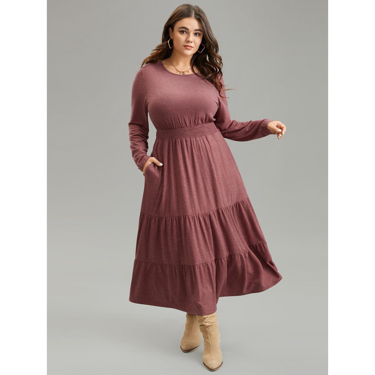 Plus Size Supersoft Essentials Tiered Ruffles Gathered Dress Scarlet Women Casual Gathered Round Neck Long Sleeve Curvy Midi Dress BloomChic 10/M Product Image
