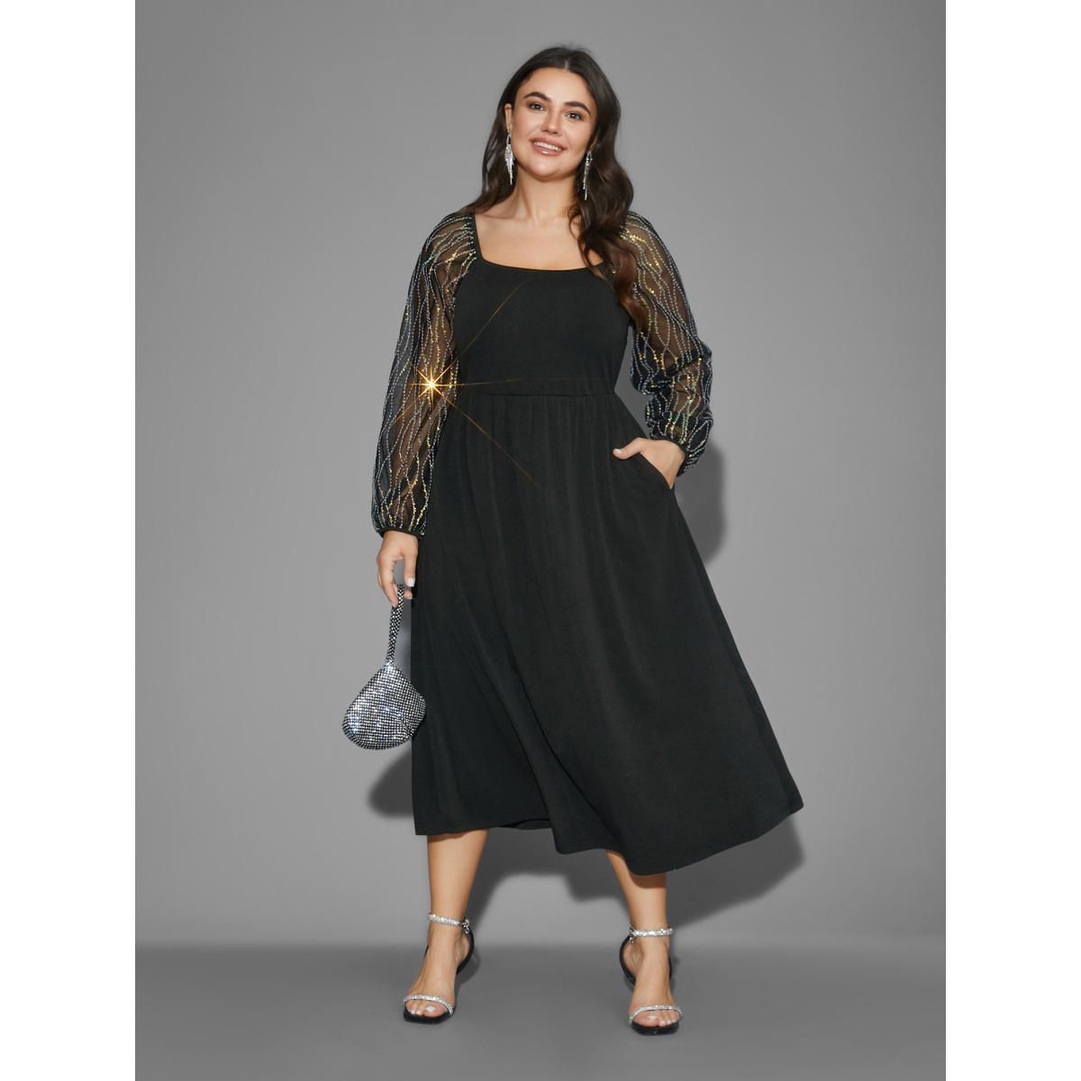 Plus Size Square Neck Patchwork Sequin Mesh Dress Black Women Cocktail Texture Party Curvy Bloomchic 14-16/1X Product Image