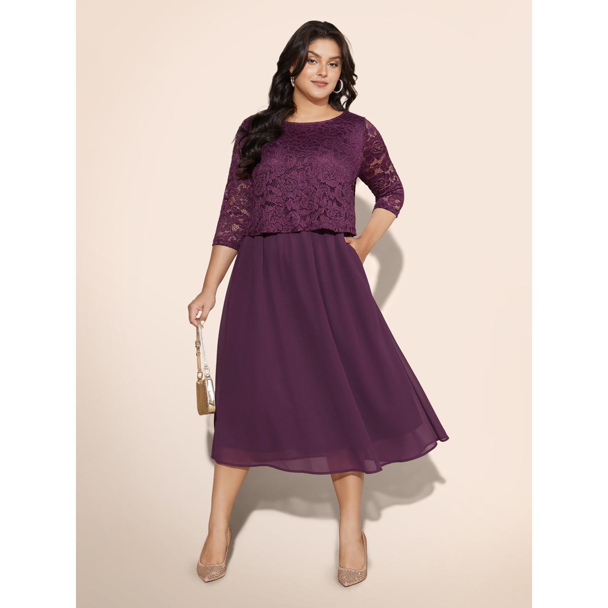 Plus Size Round Neck Crochet Lace Mesh Dress Deeppurplered Women Cocktail Woven ribbon&lace trim Round Neck Elbow-length sleeve Curvy BloomChic 30/6X Product Image