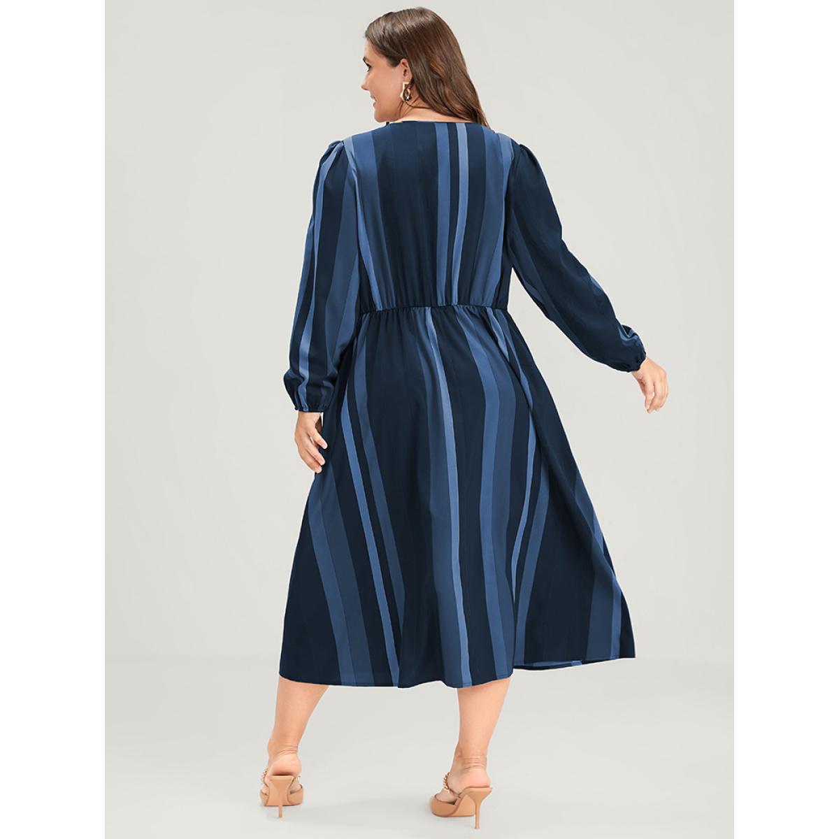 Plus Size Striped Lantern Sleeve Pocket Button Front Midi Dress Navy Women Vacation Printed V-neck Long Sleeve Curvy Midi Dress BloomChic 28/5X Product Image