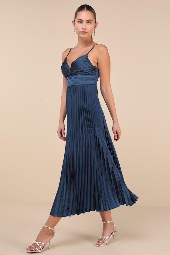 Fabulous Perfection Navy Blue Satin Pleated Midi Dress Product Image