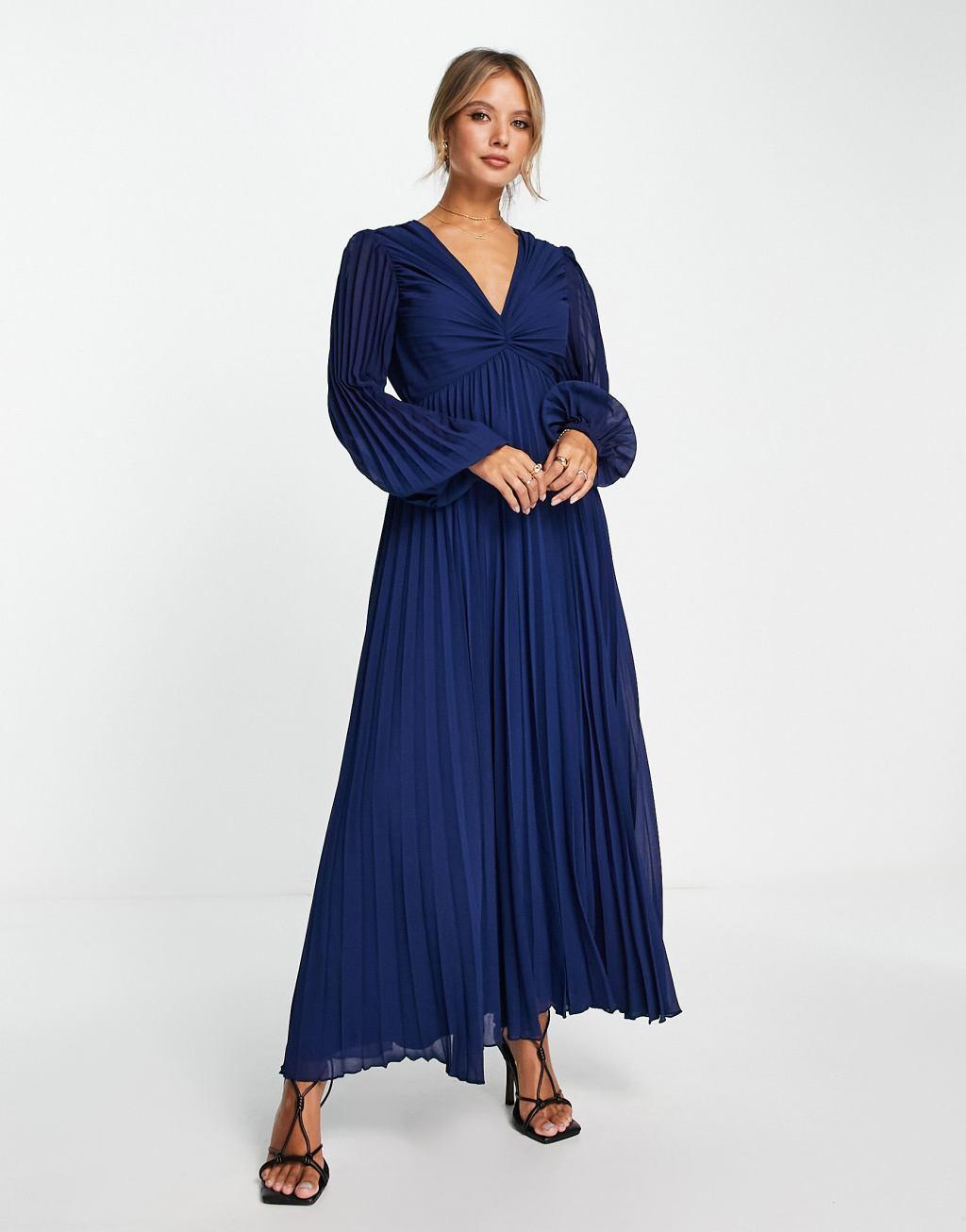 ASOS DESIGN pleated bodice plunge neck midi dress Product Image