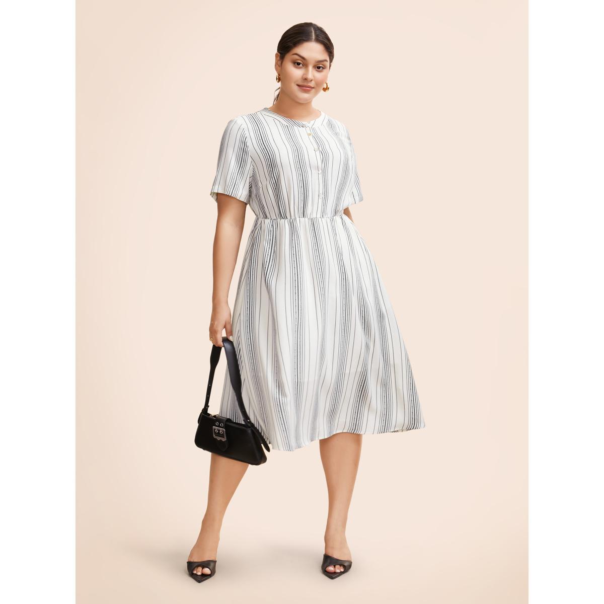 Plus Size Round Neck Striped Button Up Midi Dress WhiteSmoke Women At the Office Button Round Neck Short sleeve Curvy BloomChic 18-20/2X Product Image