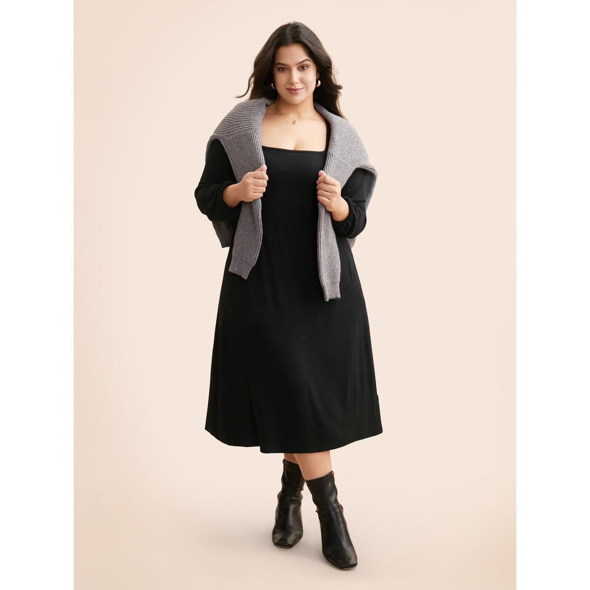 Plus Size Supersoft Essentials Elastic Waist Midi Dress Black Women Basics Texture Square Neck Long Sleeve Curvy BloomChic 10/M Product Image