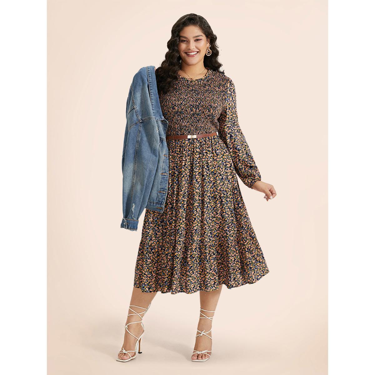 Plus Size Ditsy Floral Shirred Pocket Pleated Frill Trim Dress Indigo Women Elegant Elastic cuffs Round Neck Long Sleeve Curvy Midi Dress BloomChic 10/M Product Image