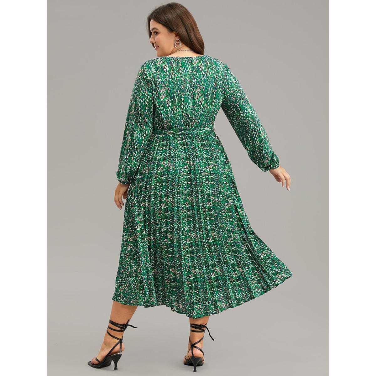 Plus Size Ditsy Floral Belted Pleated Dress Cyan Women Glamour Belted V-neck Long Sleeve Curvy Midi Dress BloomChic 28/5X Product Image