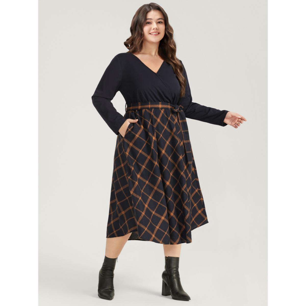 Plus Size Plaid Patchwork Pocket Belted Surplice Neck Dress Indigo Women Elegant Belted V-neck Long Sleeve Curvy Midi Dress BloomChic 22-24/3X Product Image