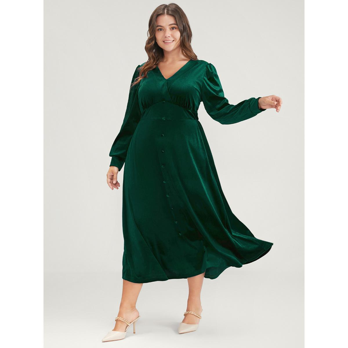 Plus Size Solid V Neck Button Detail Pocket Velvet Dress Green Women Glamour Button V-neck Long Sleeve Curvy Midi Dress BloomChic 30/6X Product Image
