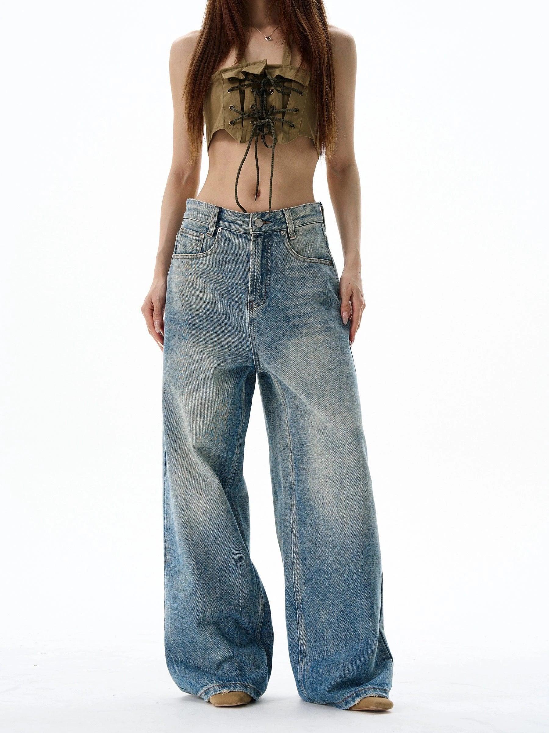 RT No. 19582 WASHED BLUE DENIM STRAIGHT JEANS Product Image
