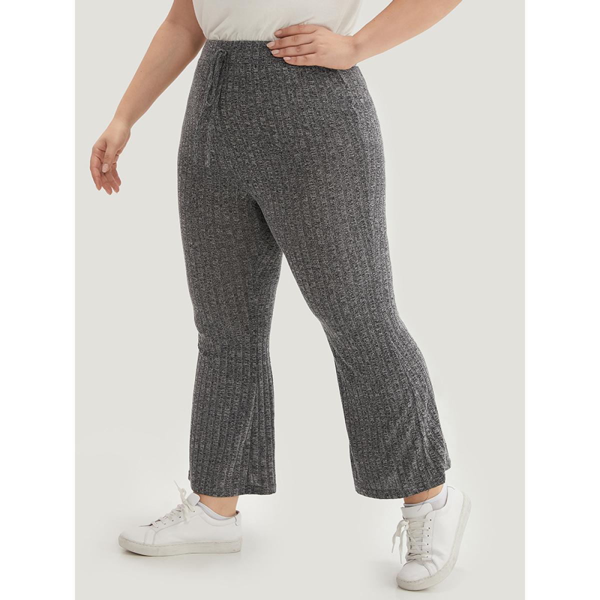 Rib Knit Bowknot Flare Leg Sweatpants Gray Plus Size Women Casual Dailywear Plain 14-16/1X Bloomchic Product Image