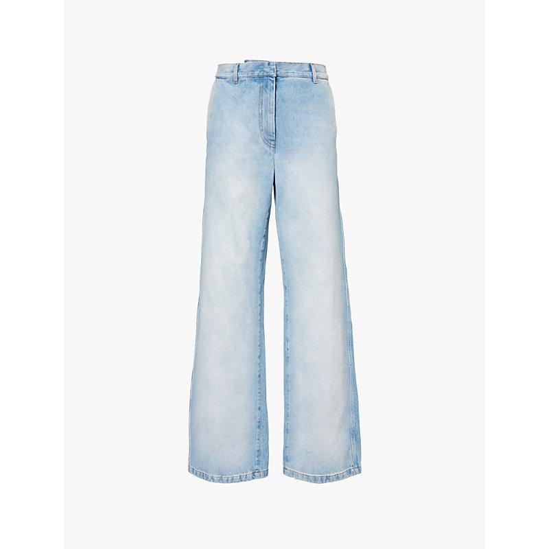 Elasticated-waist Pleated Wide-leg Jeans In Light Blue Product Image
