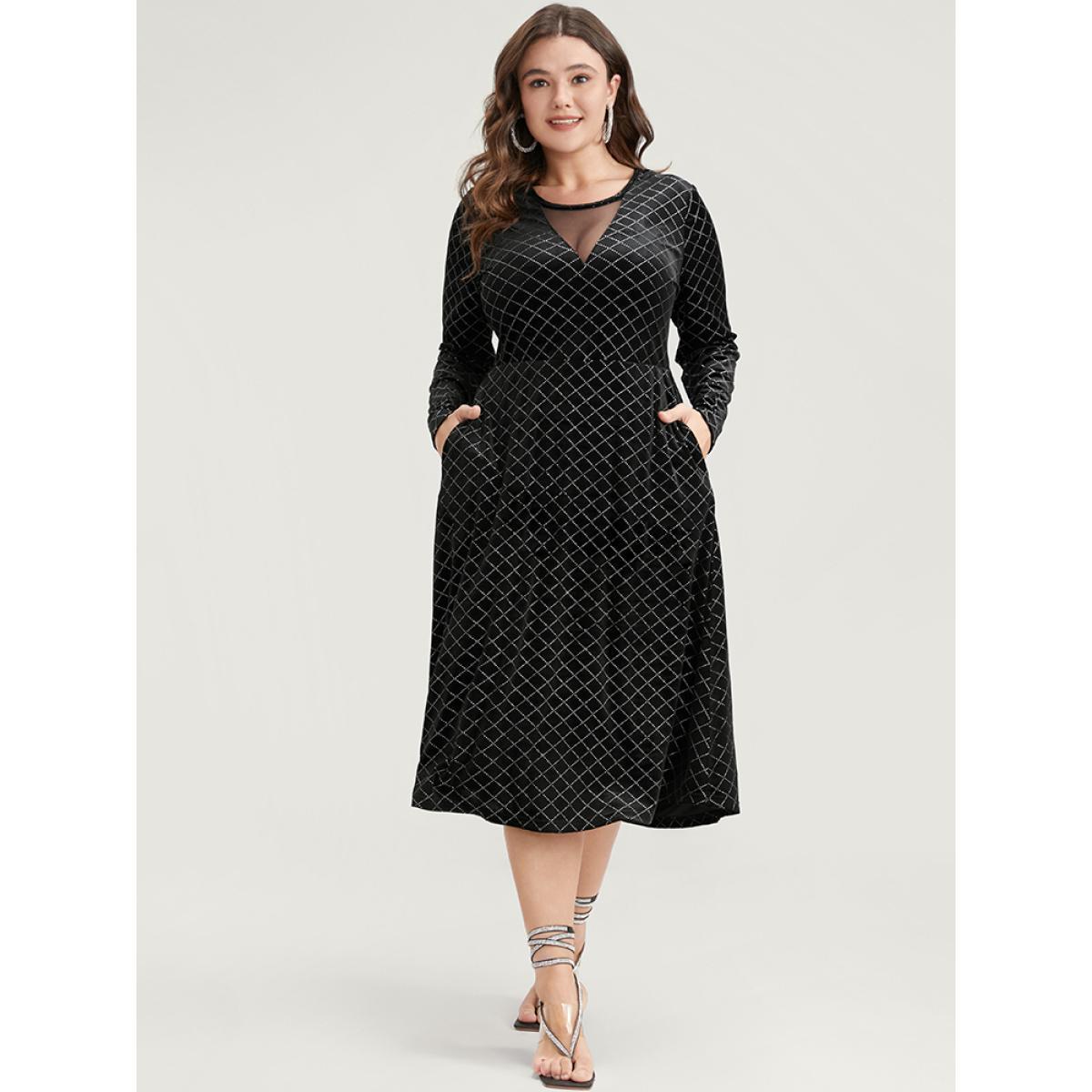 Plus Size Plaid Glitter Mesh Insert Pocket Velvet Dress Black Women Party Velvet Round Neck Long Sleeve Curvy Midi Dress BloomChic 12/L Product Image
