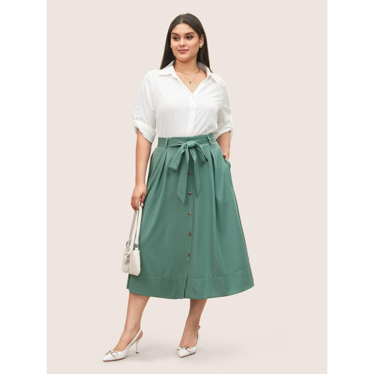 Plus Size Plain Elastic Waist Pleated Belted Skirt Women Mint At the Office Belted No stretch Slanted pocket Belt Work Skirts BloomChic 14-16/1X Product Image