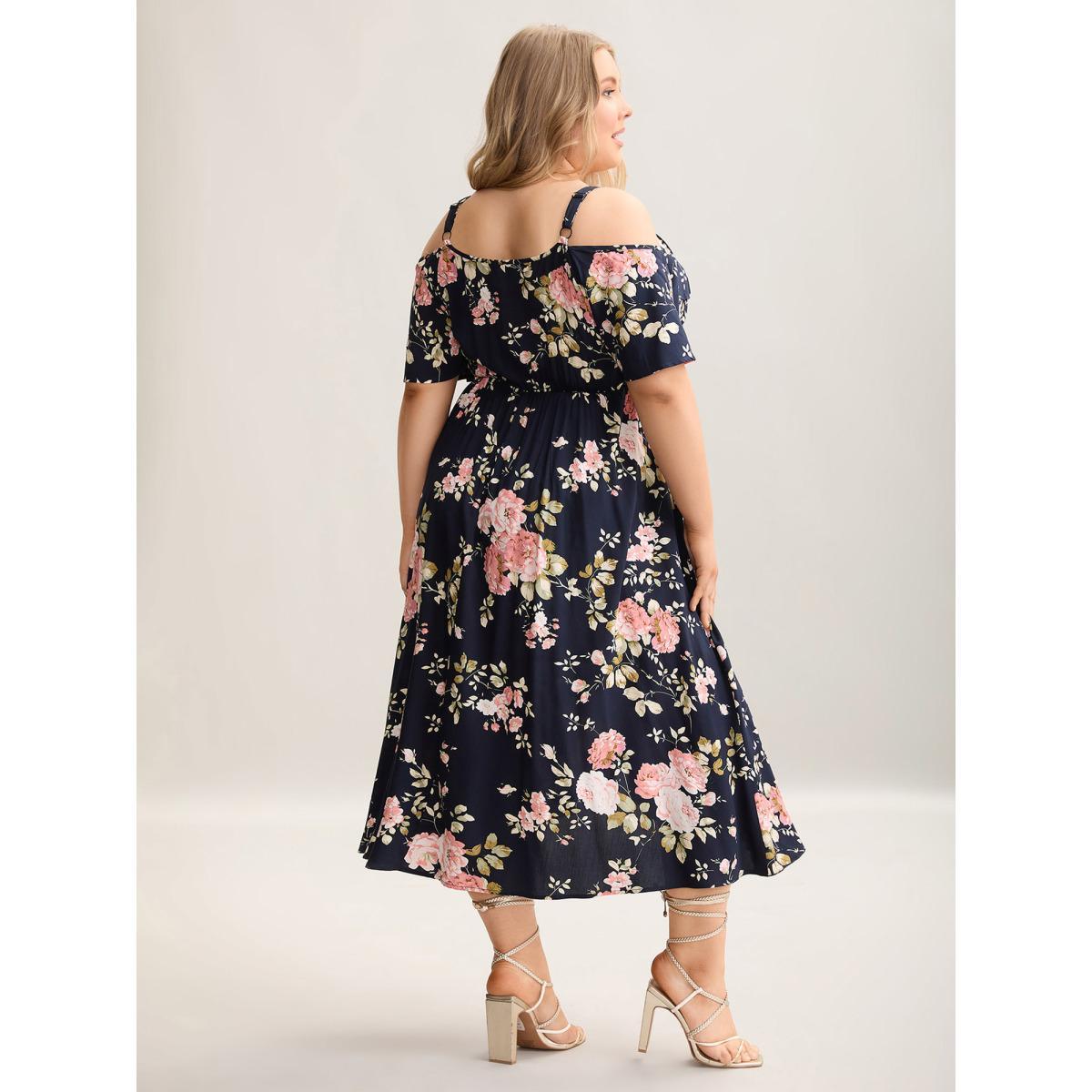 Plus Size Ruffled Neck Off-Shoulder Floral Midi Dress Navy Women Elegant Ruffles V-neck Short sleeve Curvy BloomChic 26/4X Product Image