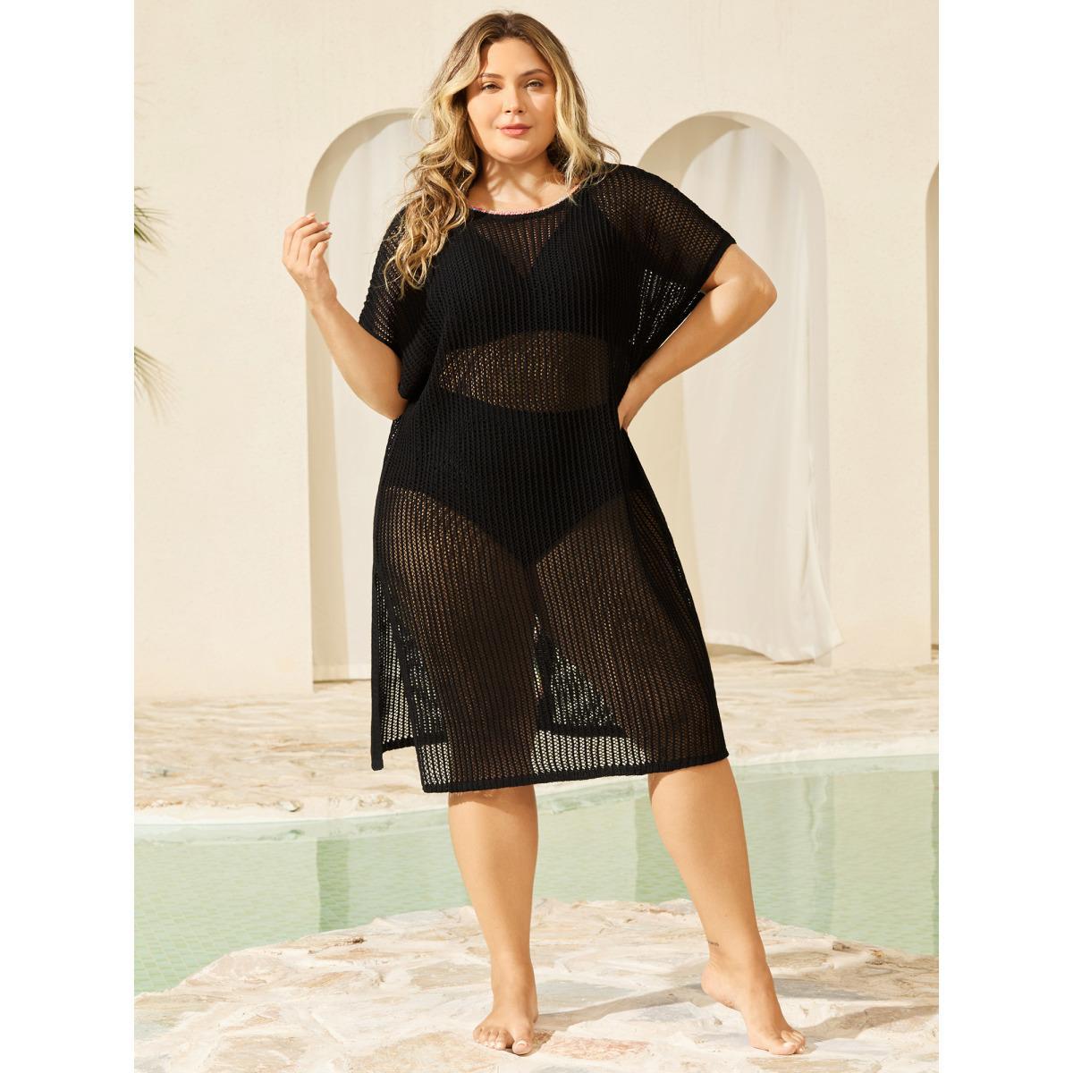 Plus Size Crochet Flower Backless Slit Swim Cover-Up Women's Swimwear Black Beach Loose Curve Swim Cover Ups BloomChic 10/M Product Image