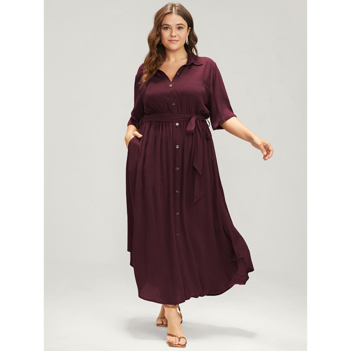 Belted Shirt Collar Button Plus Size Shirtdress Women Workleisure Plain Sleeve Short Sleeve Shirt Collar Pocket Workwear Long Dress BloomChic Product Image