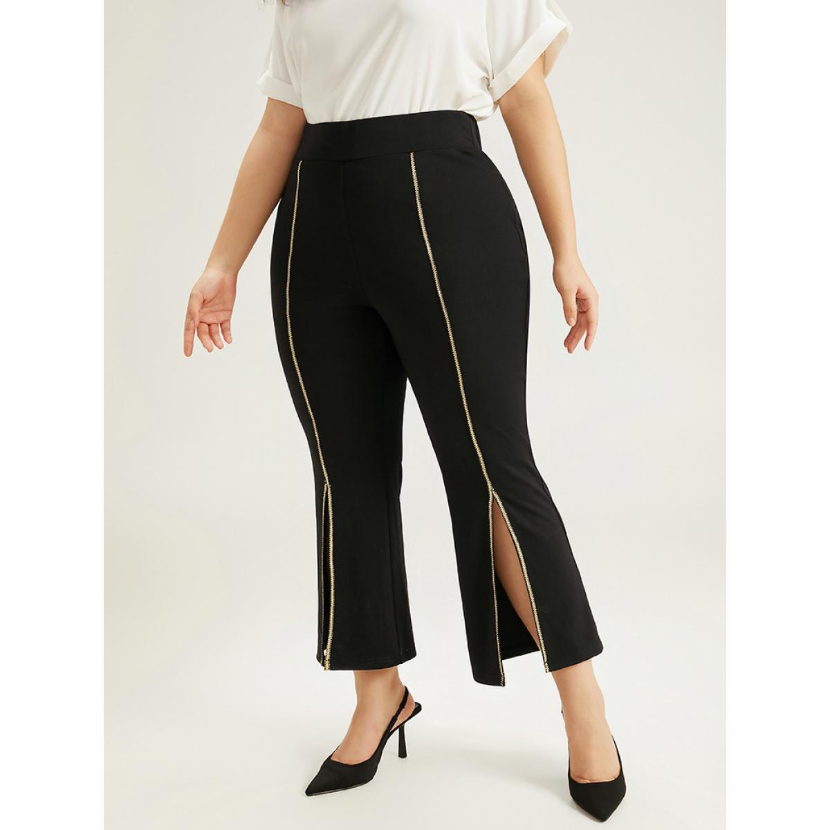 Plus Size Split Front Contrast Webbing Bootcut Pants Women Black Office Flare Leg High Rise Work Pants BloomChic 14-16/1X Product Image