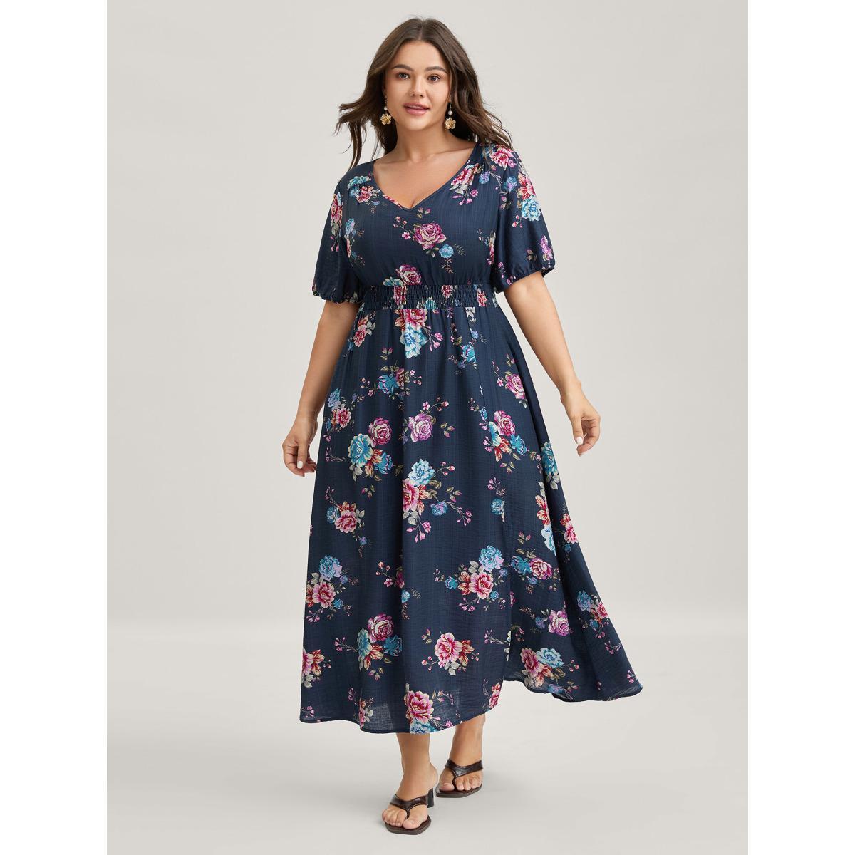 Plus Size Floral Print Shirred Waist Slit Midi Dress DarkBlue Women Slit V-neck Short sleeve Curvy BloomChic 14-16/1X Product Image