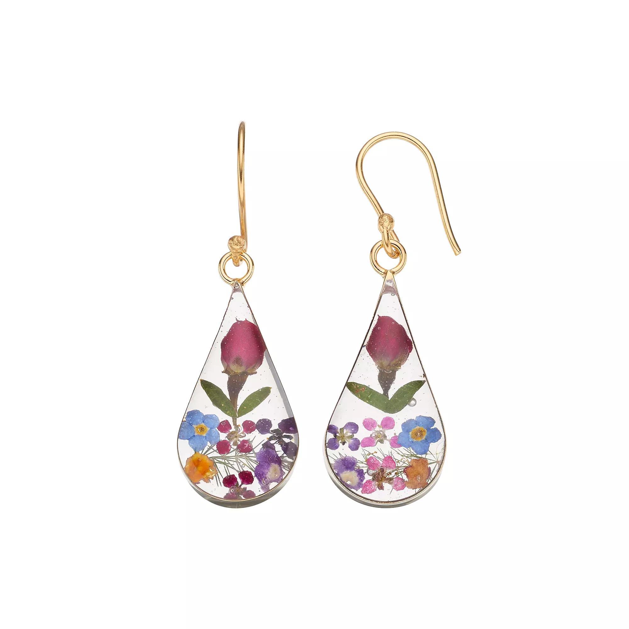 Everlasting Flowers Jewelry 14k Gold Over Silver Pressed Flower Teardrop Earrings, Women's, Multicolor Product Image
