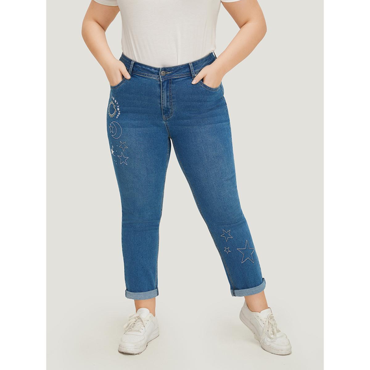 Plus Size Very Stretchy High Rise Moon & Star Embroidered Jeans Women Blue Casual Star and moon Roll Hem High stretch Pocket Jeans BloomChic 16/1X Product Image