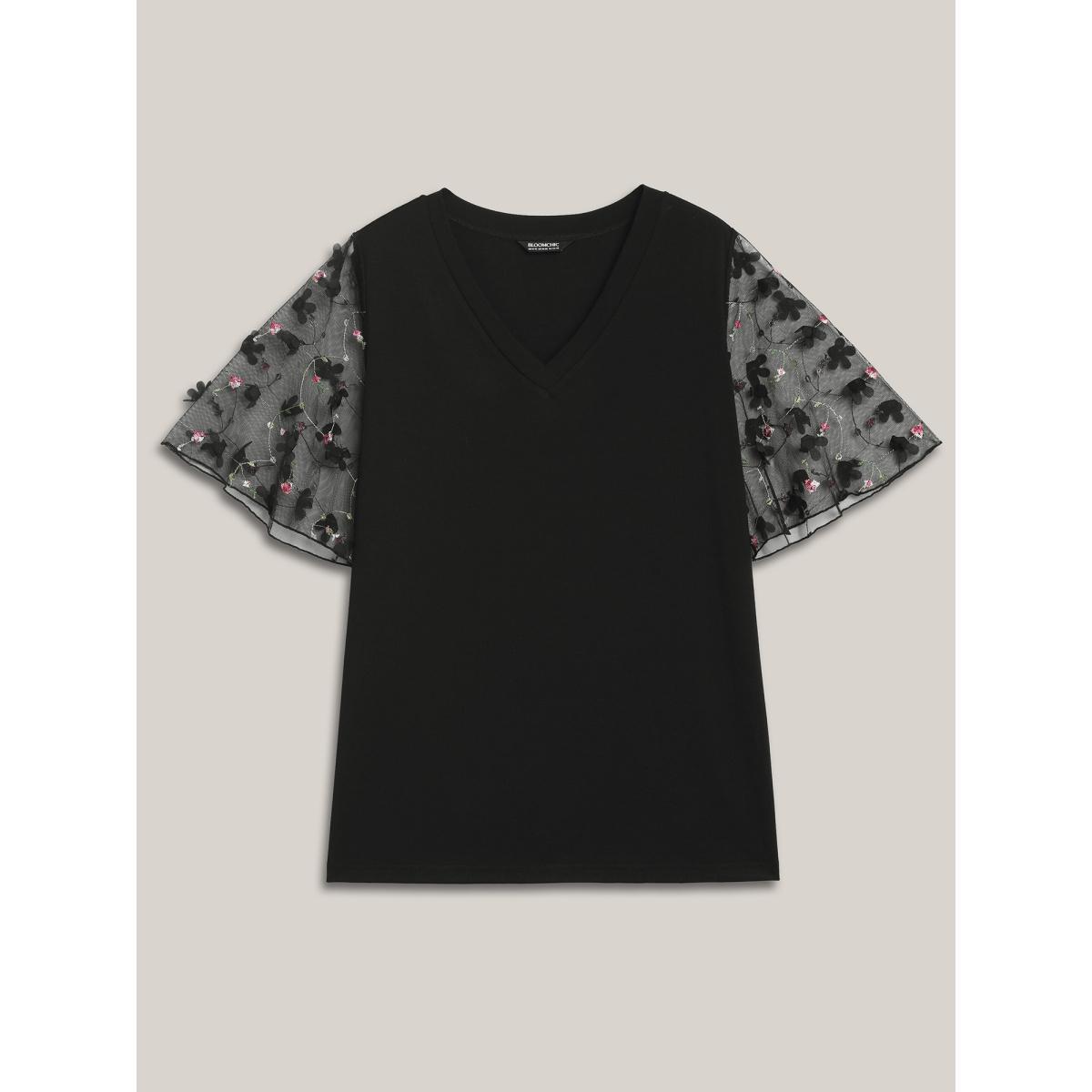 Plus Size Sheer Mesh Sleeve Stretchy T-Shirt Black Women Elegant See through V-neck Everyday T-shirts BloomChic 12/L Product Image