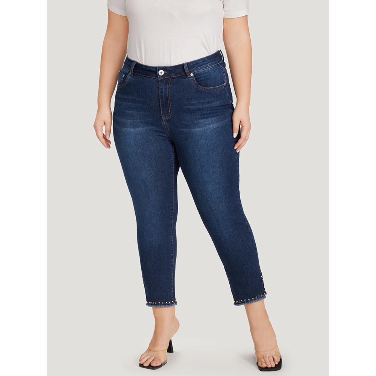 Plus Size Plain Split Side Beaded Detail Dark Wash Jeans Women DarkBlue Casual Plain Beaded High stretch Pocket Jeans BloomChic 30/6X Product Image