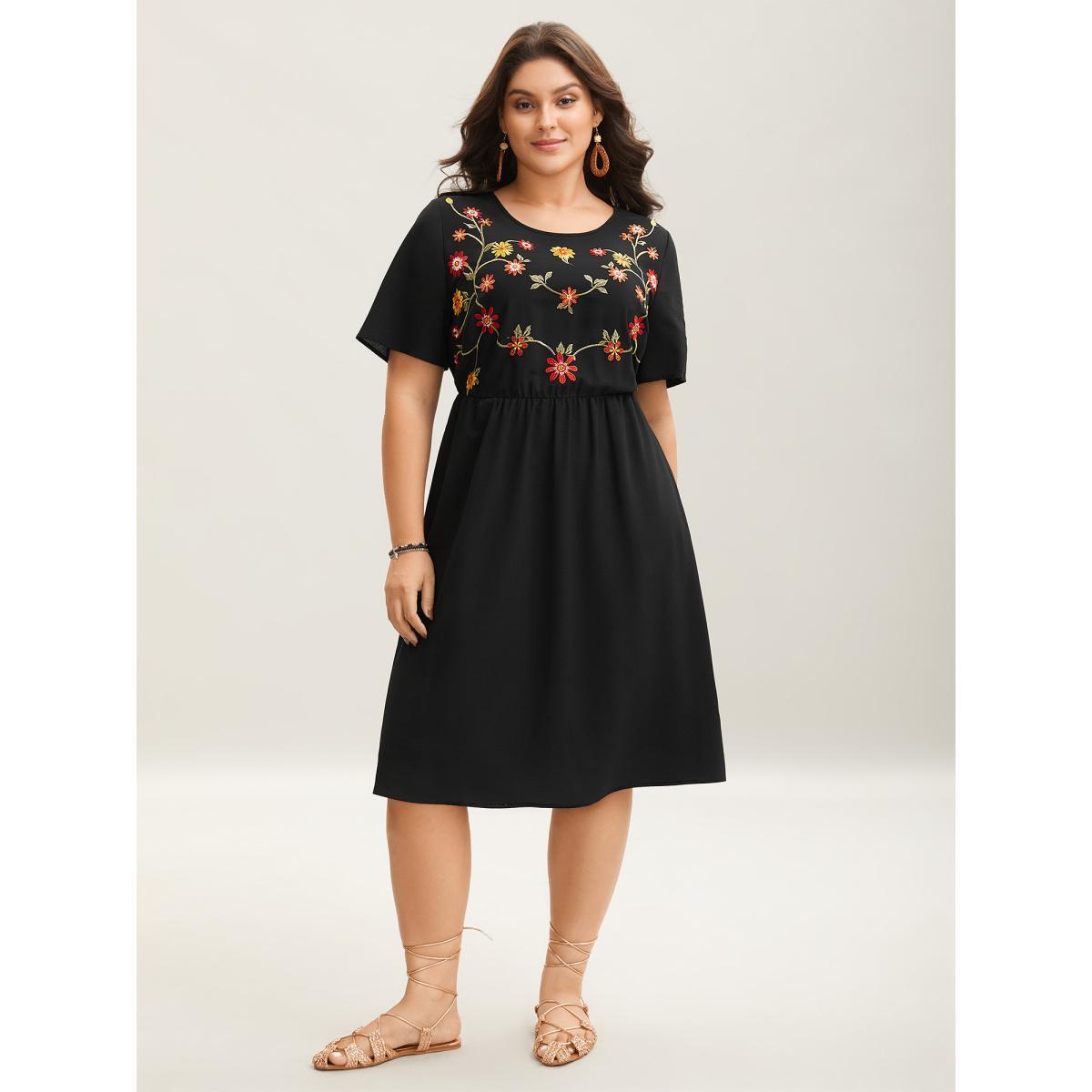 Plus Size Floral Embroidered Waist-Cinched Midi Dress Black Women Round Neck Short sleeve Curvy BloomChic 26/4X Product Image