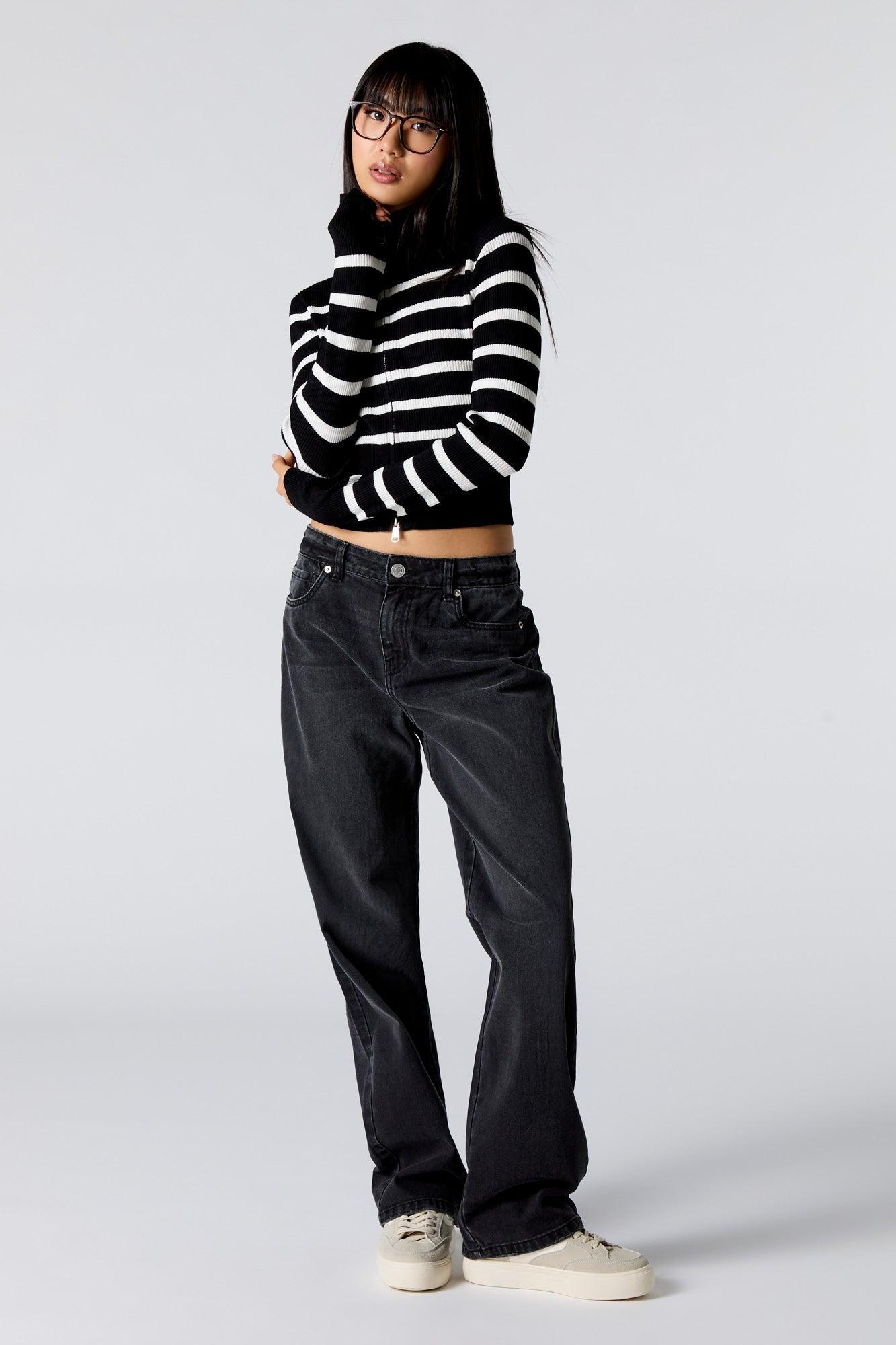 Striped Ribbed Knit Zip-Up Mock Neck Sweater Female Product Image