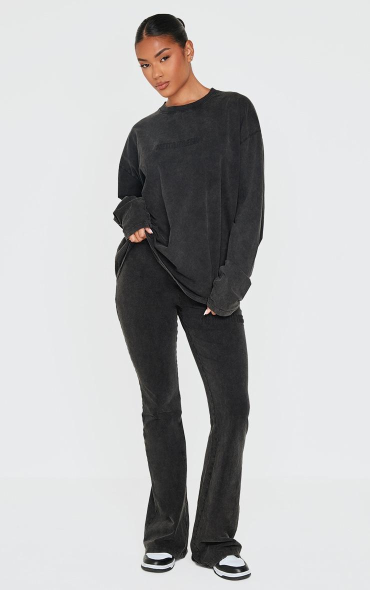 PRETTYLITTLETHING Black Embossed Logo Washed Long Sleeve T-shirt Product Image