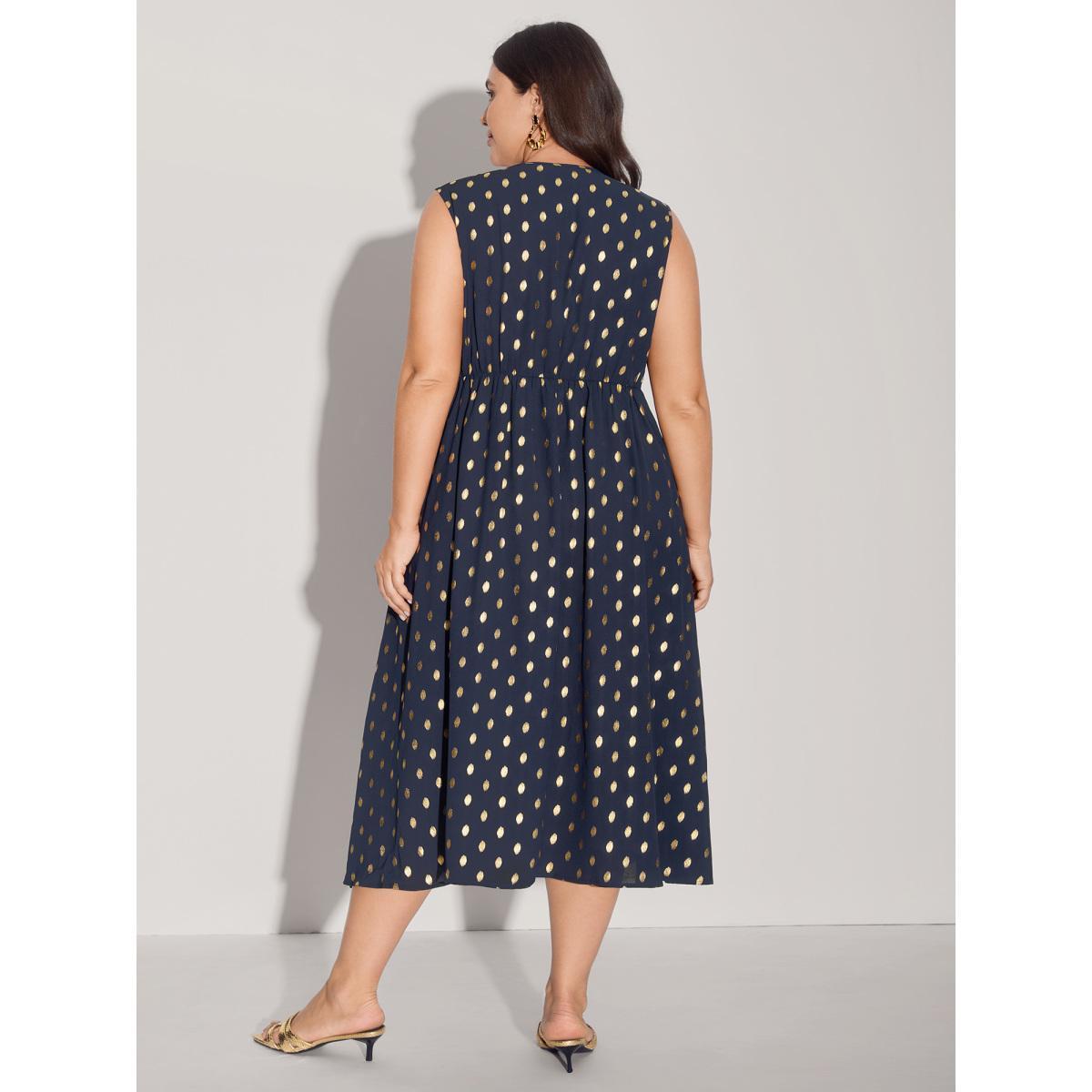 Plus Size Gold Polka Dots Waist-Defining Midi Dress Indigo Women Overlapping Overlap Collar Sleeveless Curvy BloomChic 18-20/2X Product Image