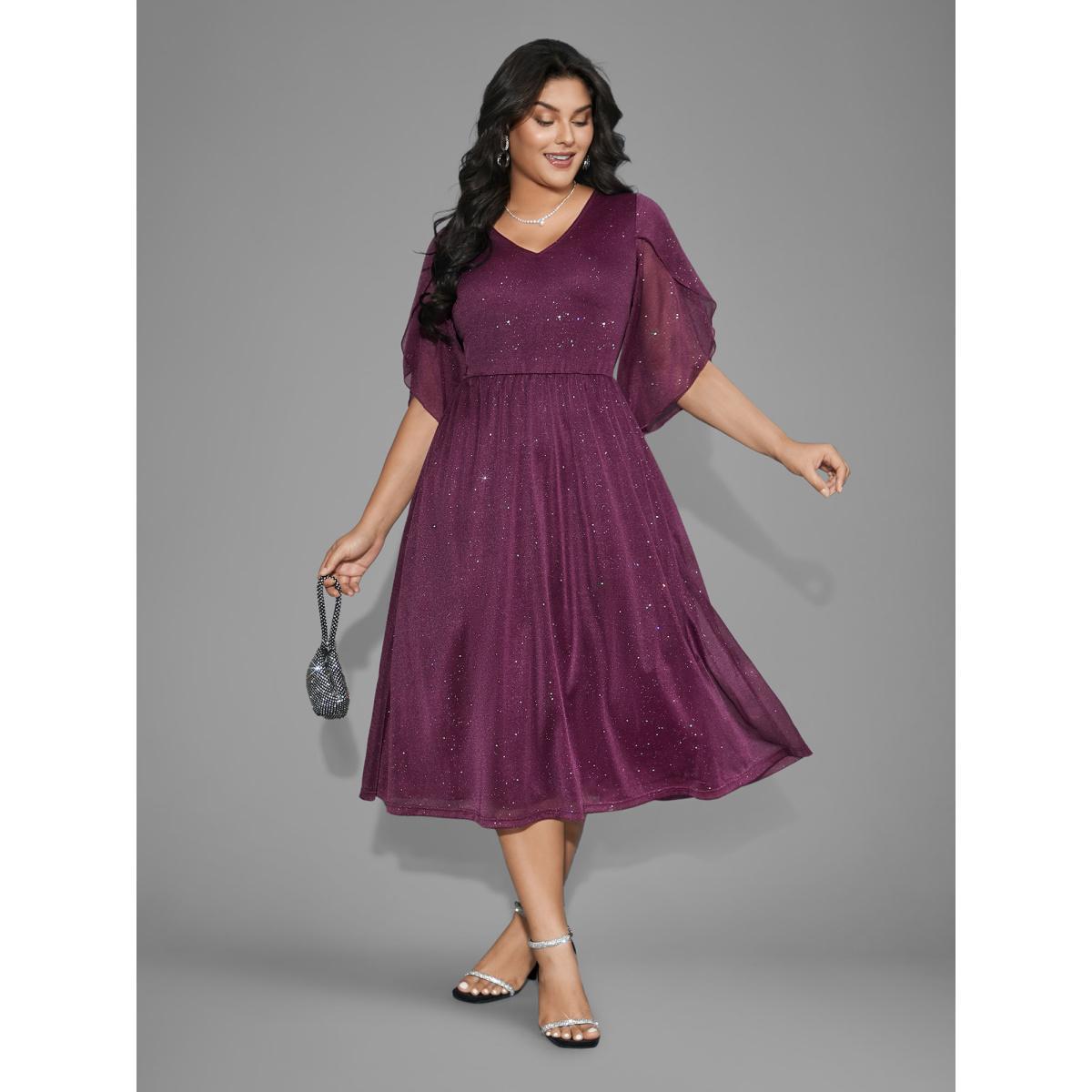 Plus Size Glitter Mesh Petal Sleeve Midi Dress Deeppurplered Women Cocktail Texture Party Curvy Bloomchic 26/4X Product Image