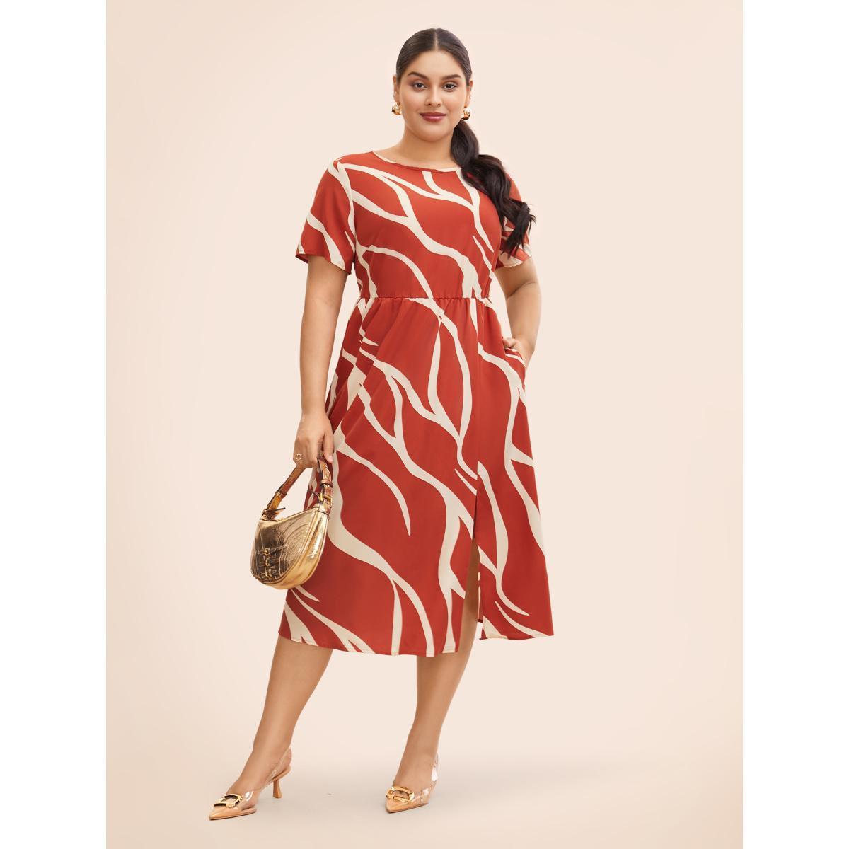 Plus Size Geometric Split Hem Midi Dress OrangeRed Women Workwear Essentials Non Round Neck Short sleeve Curvy BloomChic 22-24/3X Product Image
