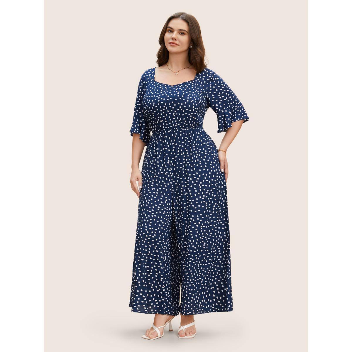 Plus Size Navy Rayon Heart Neckline Polka Dot Ruffles Jumpsuit Women Elegant Elbow-length sleeve Heart neckline Everyday Loose Jumpsuits BloomChic 12/L Product Image