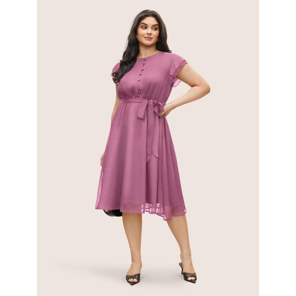 Plus Size Solid Mesh Belted Ruffle Cap Sleeve Dress Lilac Women At the Office Non Round Neck Cap Sleeve Curvy Midi Dress BloomChic 28/5X Product Image