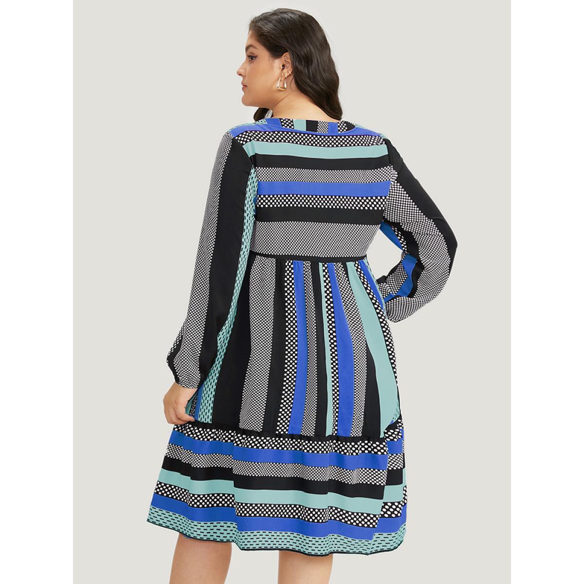 Plus Size Polka Dot & Striped Print Notched Pocket Dress Aegean Women Office Elastic cuffs Notched collar Long Sleeve Curvy Midi Dress BloomChic 12/L Product Image