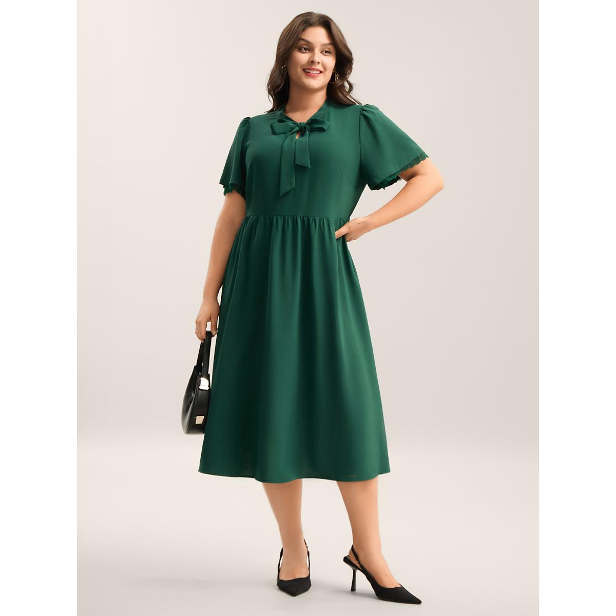 Plus Size Ribbon Neck Flared Sleeve Midi Dress DarkGreen Women Ribbon-tied collar Short sleeve Curvy BloomChic 22-24/3X Product Image