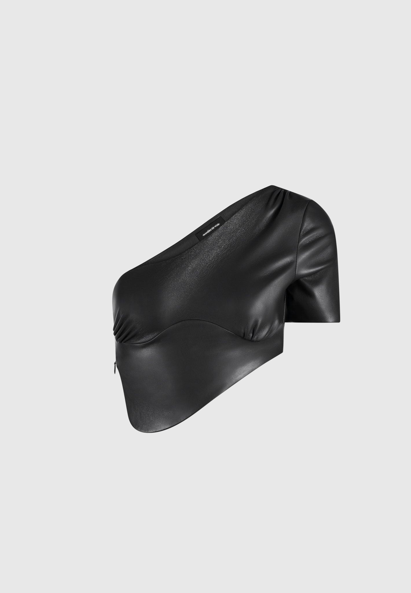 Curved Hem Leather Crop Top - Black Female Product Image