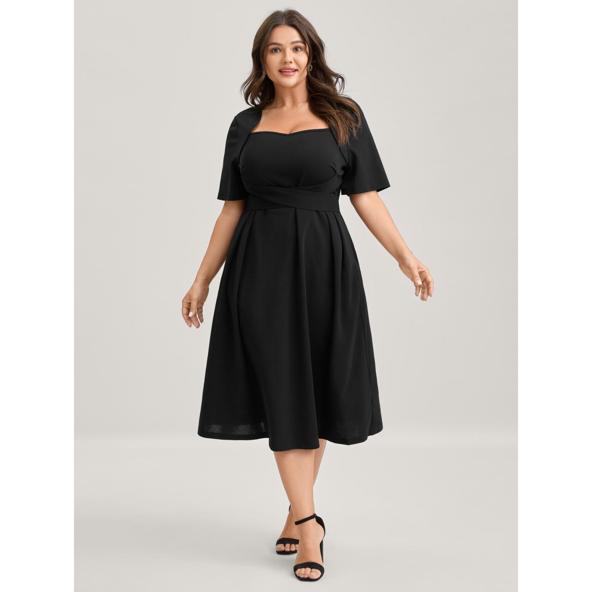 Plus Size Super Stretchy Overlap Waist Midi Dress Black Women Tie knot Heart neckline Short sleeve Curvy BloomChic 12/L Product Image