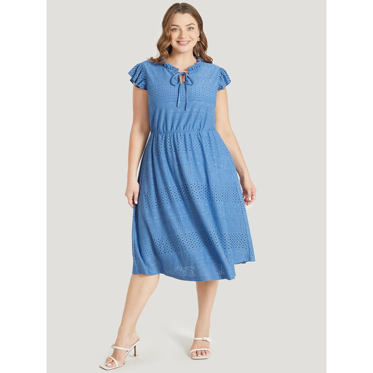 Plus Size Plain Pocket Ruffle Tie Neck Cap Sleeve Broderie Anglaise Dress Blue Women Elegant Lined Tie Neck Cap Sleeve Curvy Midi Dress BloomChic 26/4X Product Image