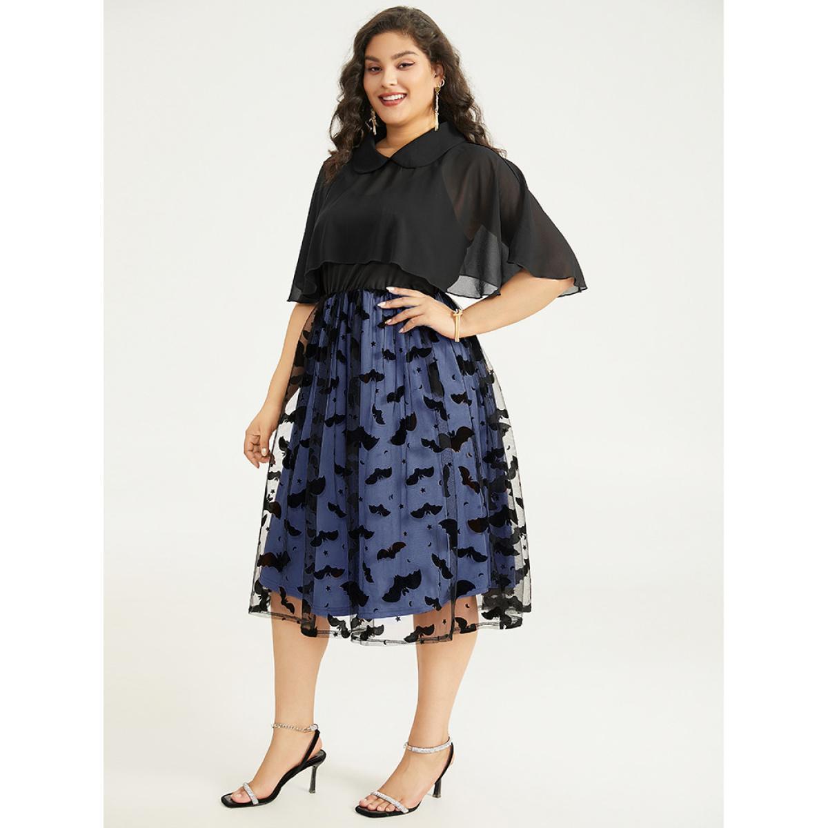 Plus Size Halloween Bat print Tiered Patchwork Dress DarkBlue Women Elegant Adjustable Straps Lapel Collar Sleeveless Curvy Midi Dress BloomChic 26/4X Product Image