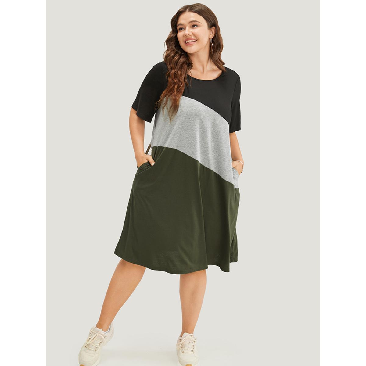 Plus Size Colorblock Contrast Pocket Round Neck Knee Dress ArmyGreen Women Casual Contrast Round Neck Short sleeve Curvy Knee Dress BloomChic 14-16/1X Product Image