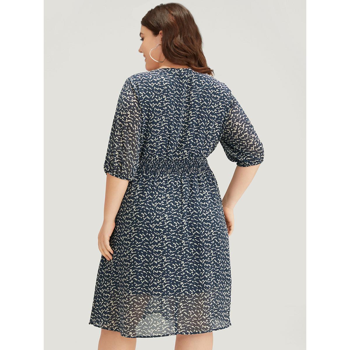 Plus Size Bird Print Notched Shirred Lantern Sleeve Dress Blue Women Office Elastic cuffs Notched collar Half Sleeve Curvy Midi Dress BloomChic 30/6X Product Image