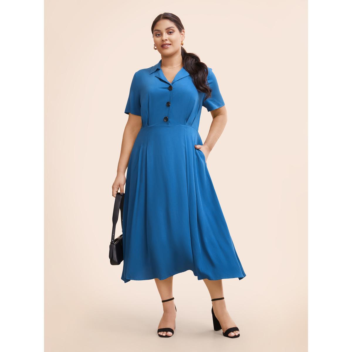 Plus Size Plain Shirt Collar Pleated Midi Dress Mediumblue Women At the Office Pleated Shirt collar Short sleeve Curvy BloomChic 12/L Product Image