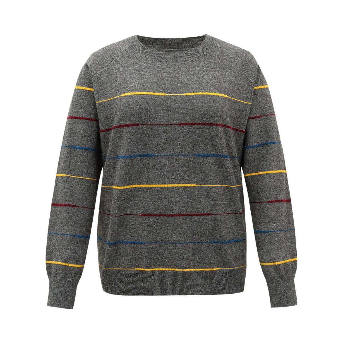 Plus Size Anti-Pilling Contrast Pinstripe Raglan Sleeve Pullover DimGray Women Casual Loose Long Sleeve Round Neck Dailywear Pullovers BloomChic 18-20/2X Product Image