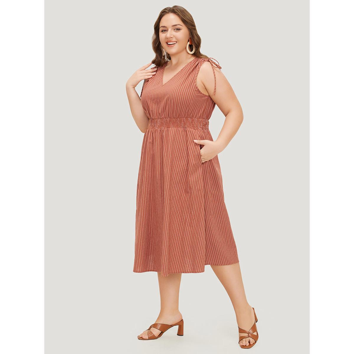 Plus Size Striped Print Pocket Shirred Drawstring Shoulder Dress Rust Women Vacation Contrast V-neck Sleeveless Curvy Midi Dress BloomChic 22-24/3X Product Image