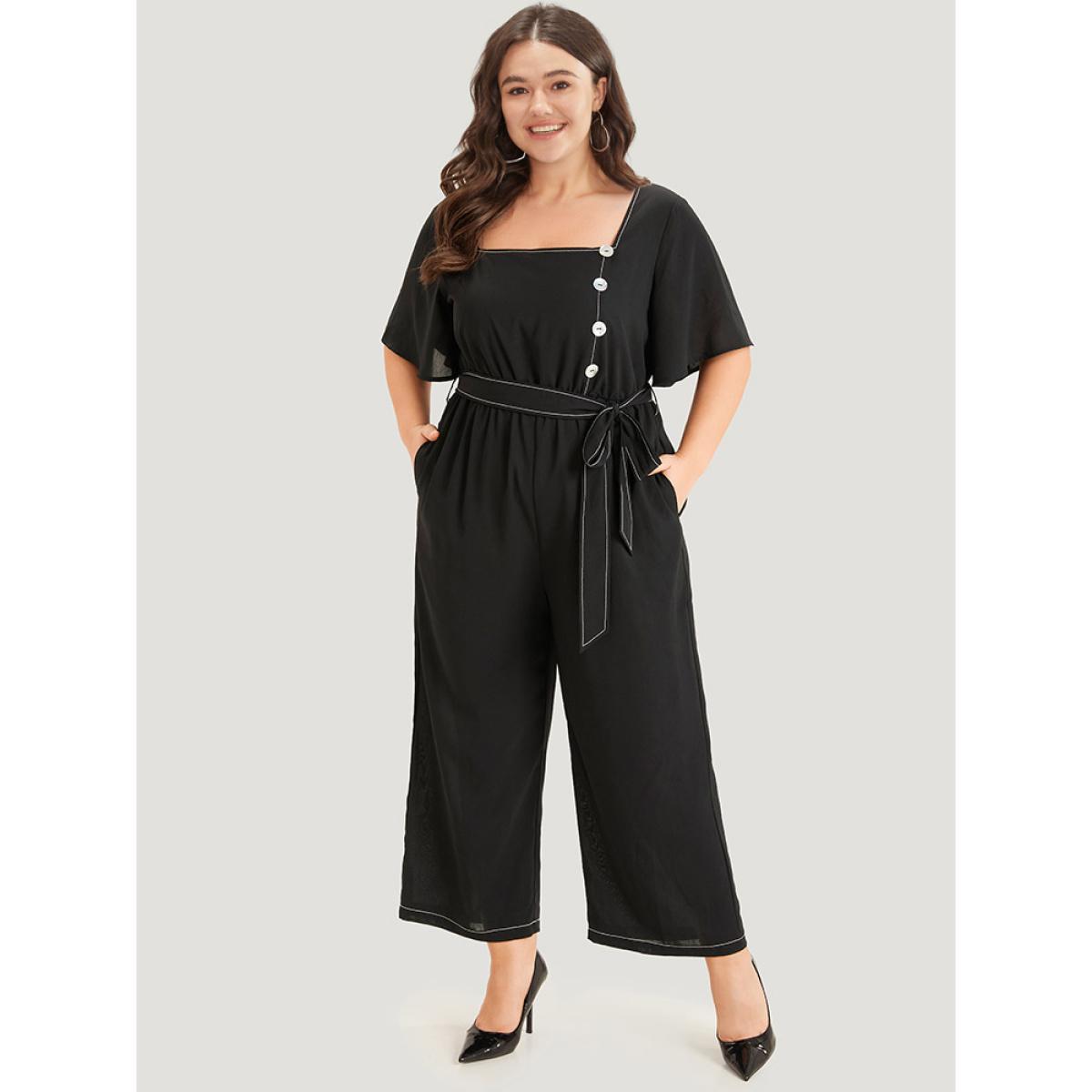 Plus Size Black Contrast Stitch Pocket Button Detail Belted Zipper Jumpsuit Women Office Short sleeve Square Neck Work Loose Jumpsuits BloomChic 12/L Product Image